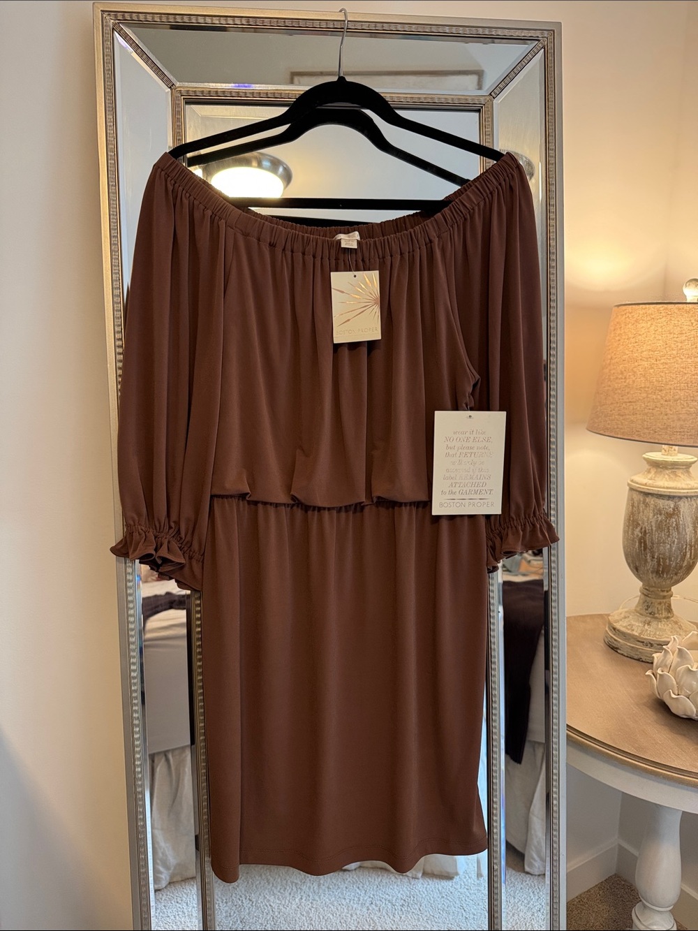 Boston Proper Off-Shoulder Cognac Blouson Waist Dress
